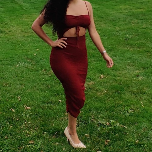 Up the Appeal Burgundy Lace Cutout Bodycon Midi Dress - Picture 2 of 3